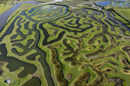 France, Vendée (85), Talmont-Saint-Hilaire, marais de la Guittière dans l'arrière pays de la Pointe du Payré, passage du Cul d’Ane, marais aménagés pour la pisciculture de dorades, mulets et anguilles (vue aérienne)