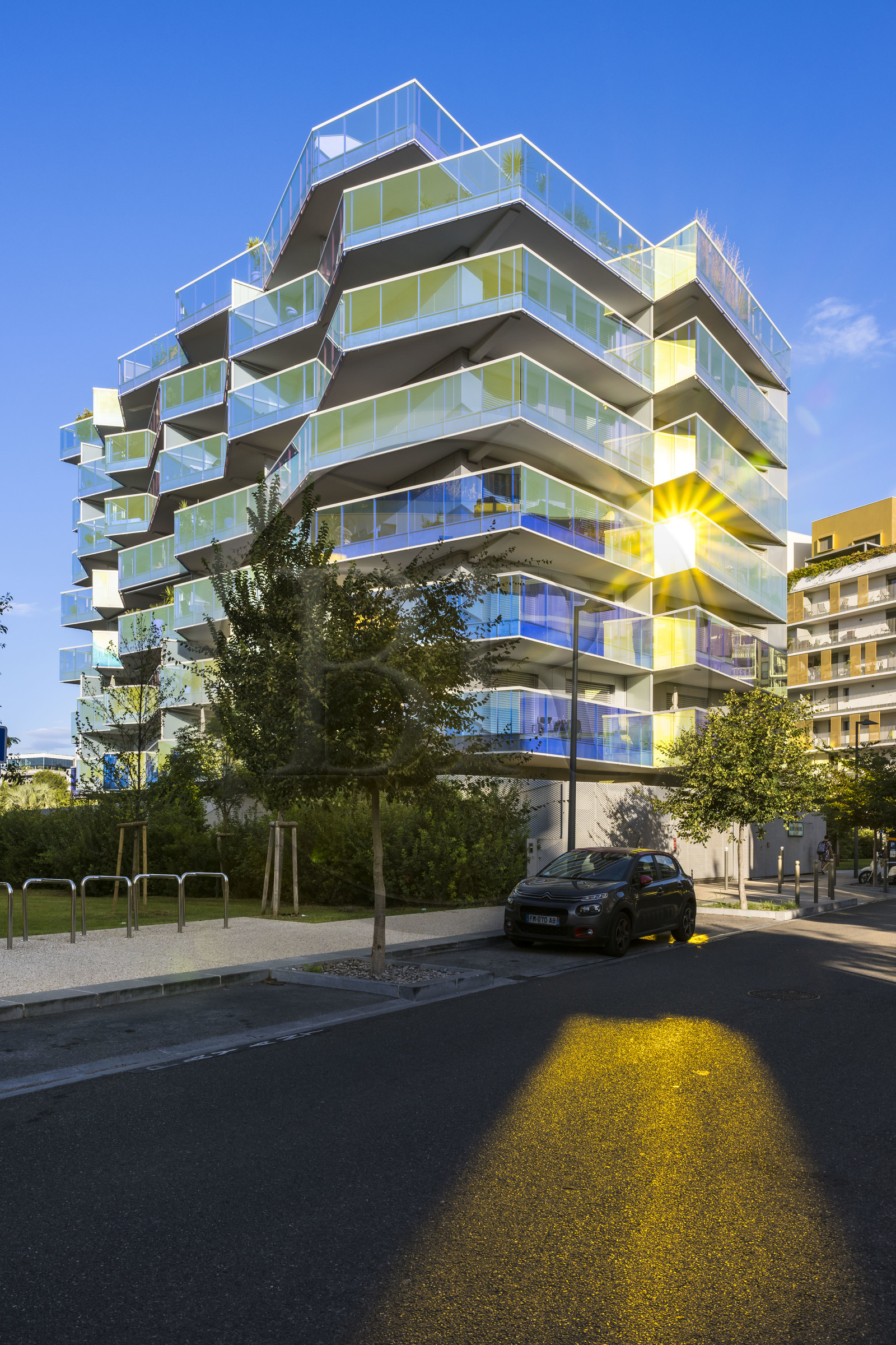 France, Hérault (34), Montpellier,  quartier de Port Marianne, les rives du Lez, la résidence Koh-I-Noor conçu par l'architecte Bernard Bühler