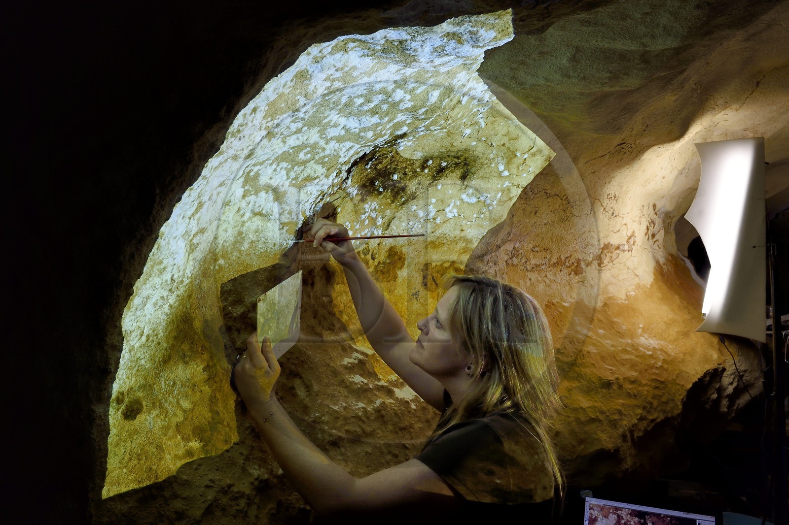 France, Dordogne (24), Montignac, l’Atelier des Fac-Similés du Périgord (AFSP) spécialisé dans la reproduction minérale de parois ornées de la préhistoire et en charge de la reconstitution fidèle des parois de la grotte de Lascaux, reproductions des peintures par la peintre-copiste Beth O’Reilly, mention obligatoire Atelier des Fac-Similés du Périgord