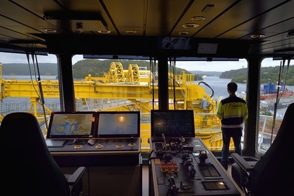 Norvège, comté d'Ostfold, Halden, navire cablier Nexans Aurora, centre de controle de la table tournante qui a une capacité d'emporter jusqu'à 10 000 tonnes de cables