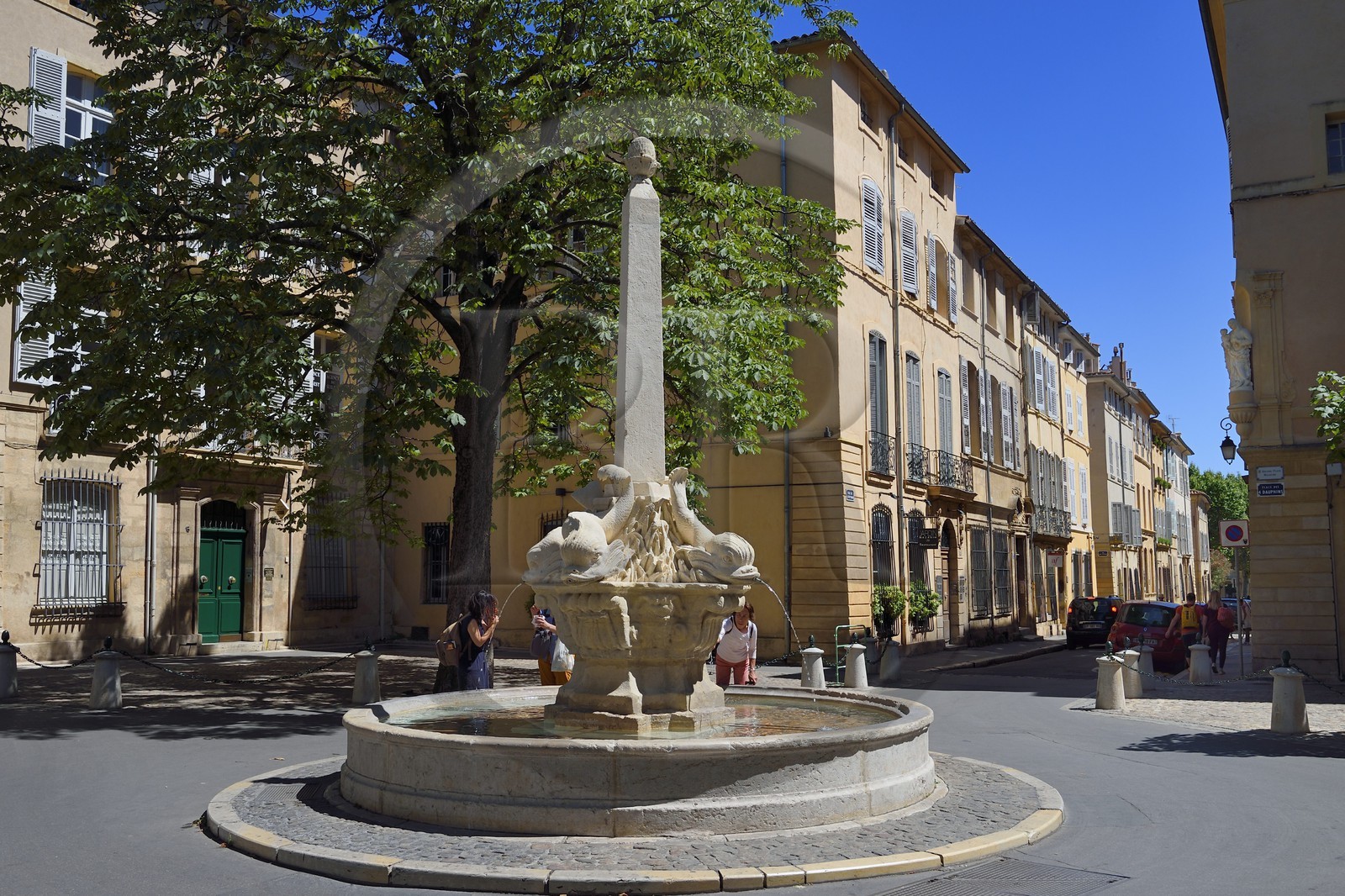 France, Bouches du Rhone, Aix en Provence, Mazarin quarter, fountain and four Dolphins square (place des quatre Dauphins)