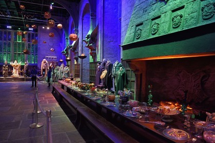 United Kingdom, Hertfordshire, Leavesden, Leavesden Film Studios, Harry Potter Studio Tour London, the scene of the eight Harry Potter movies' making of, the great hall in Hogwarts School featuring over 100 hand-carved floating pumpkins for halloween