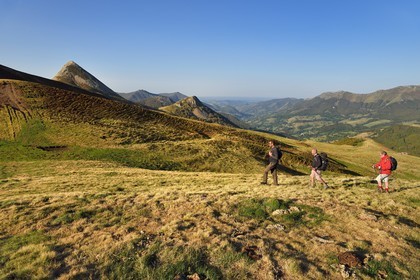 France, Cantal, Parc Naturel Régional des Volcans d'Auvergne (regional nature park of Auvergne volcanoes), Le Lioran, col de Rombiere (mountain pass) overlooking the Jordanne valley, hikers on the Way of St. James to Santiago de Compostela by Via Arverna, in the background the Puy Griou emerging on the left and the Griounou on its right