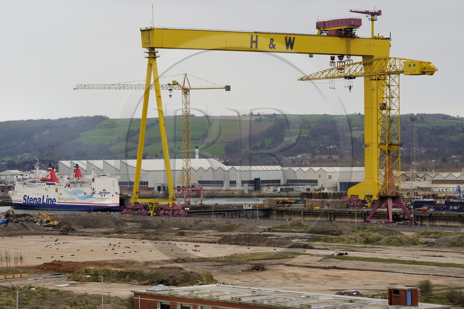 Royaume-Uni, Irlande du Nord, Belfast, Queen's Island, Harland and Wolff Heavy Industries spécialisée dans la construction navale (dont le RMS Titanic) et la construction offshore, un des deux portiques surnommés Samson et Goliath qui sont devenus un repère de la ville