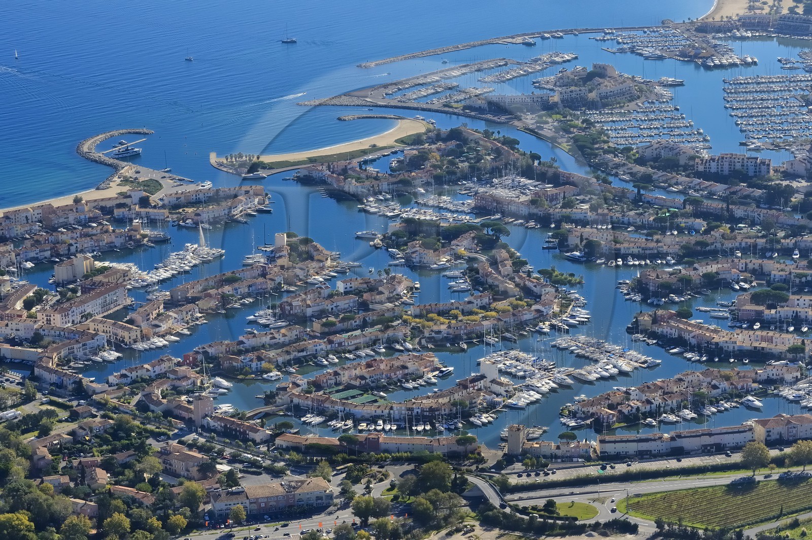 France, Var, Gulf of St Tropez, Port Grimaud seaside town (aerial view)