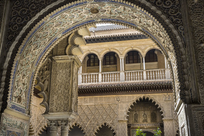Espagne, Andalousie, Séville, Alcazar de Séville (Reales Alcazares de Sevilla), classé Patrimoine Mondial de l'UNESCO, Mudejar Palace or Palace of Pedro I, la Cour des Demoiselles (Patio de las Doncellas)