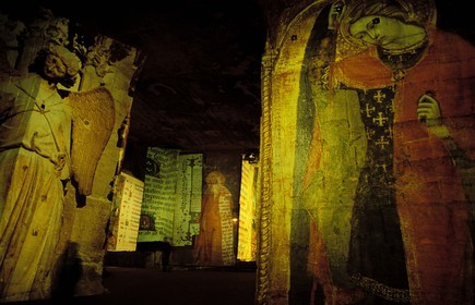 France, Bouches du Rhone, Les Baux de Provence village, labelled Les Plus Beaux Villages de France (The Most Beautiful Villages of France), play of light, pictures cathedral in the former quarry
