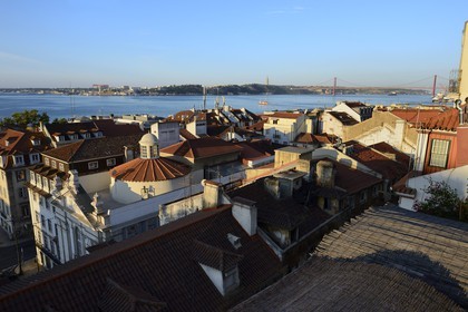 Portugal, Lisbon, Chiado district, view on the south bank of the Tagus river and the 25 de Abril bridge