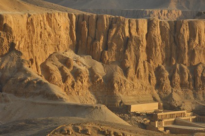 Egypt, Upper Egypt, Nile Valley, surroundings of Luxor, West bank, Thebes Necropolis listed as World Heritage by UNESCO, Temple of Hatchepsut, Deir el Bahari (aerial view)