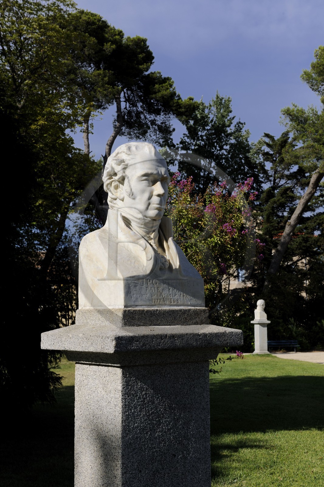 France, Herault, Beziers, landscaped parc of the Plateau des Poetes, bust of the poet Jpg Viennet