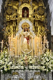 Espagne, Andalousie, Séville, quartier de Santa Cruz, église San Nicolas, procession de la Vierge des neiges (Virgen de las Nieves)