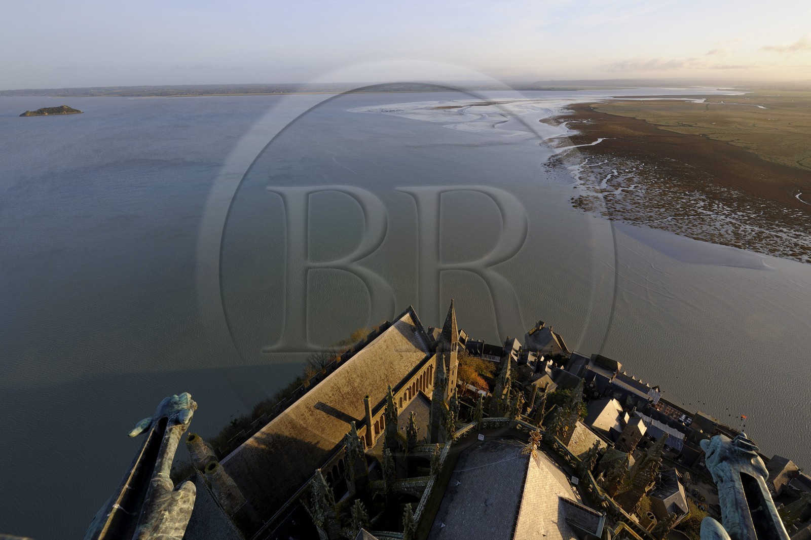 France, Manche, Mont Saint Michel, listed as World Heritage by UNESCO, Apse and the bay seen from the spire at dawn
