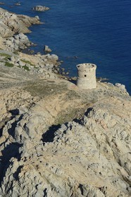 France, Corse du Sud, Cargese, the Genoese tower of the point of Omigna (aerial view)