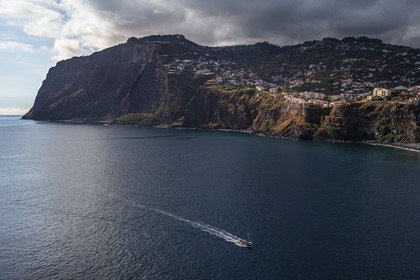 Portugal, Madeira Island, Camara de Lobos, cliff of Cape Girao, the second highest in the world at 589 meters (aerial view)