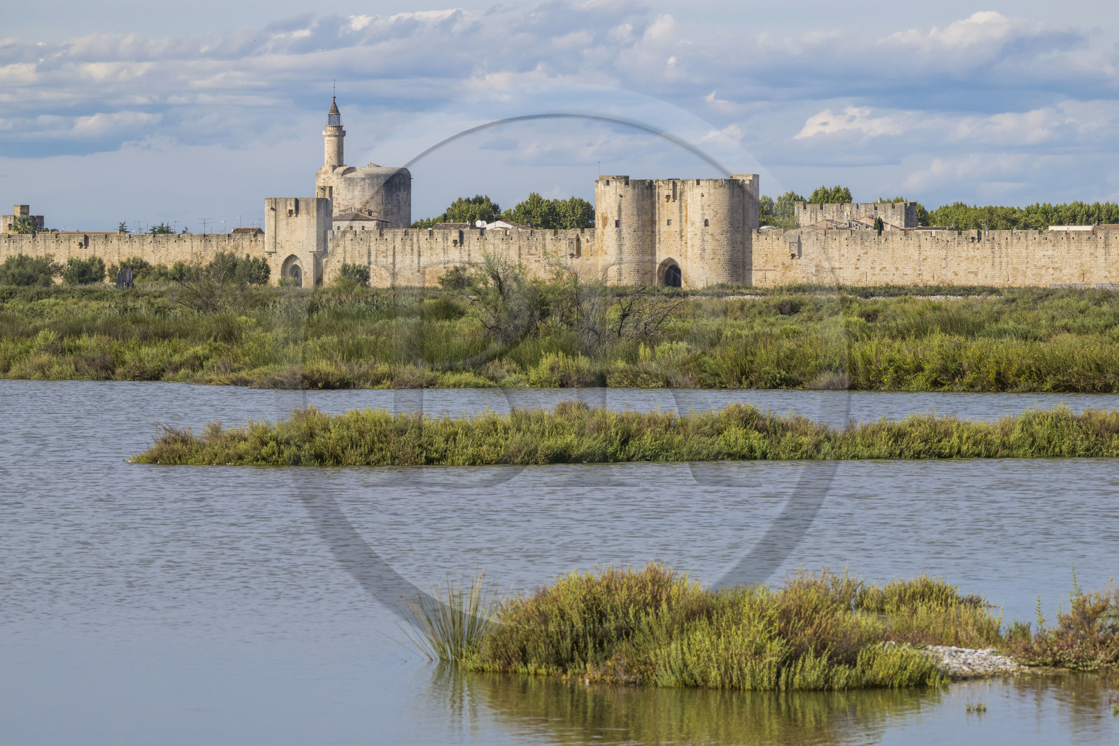 France, Gard (30), Aigues-Mortes, la ville médiévale entourée par ses remparts en bordure des marais salants (Salins du Midi)