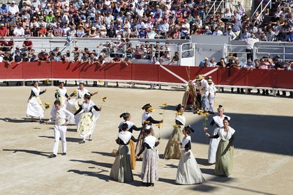 France, Bouches-du-Rhône (13), Arles, spectacle précédant la course camarguaise  de la Cocarde d'Or aux Arènes