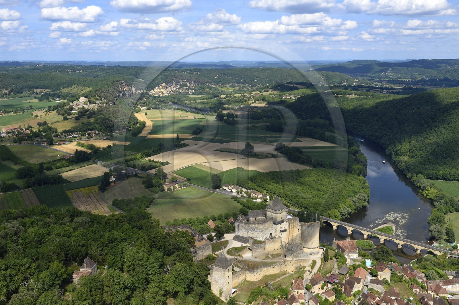 France, Dordogne, Perigord Noir, Dordogne Valley, Castelnaud la Chapelle, labelled Les Plus Beaux Villages de France (The Most Beautiful Villages of France), Castelnaud Castle on a cliff above the Dordogne valley (aerial view)
