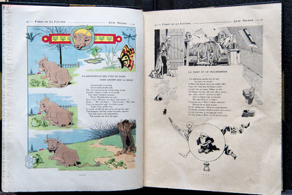France, Aisne, Château-Thierry, Jean de La Fontaine Museum - city of Chateau-Thierry,  La Fontaine's Fables book illustrated by Benjamin Rabier, Edition Jules Tallandier, 1906, in-folio, The Frog that wished to be as big as the Ox fable III of book I