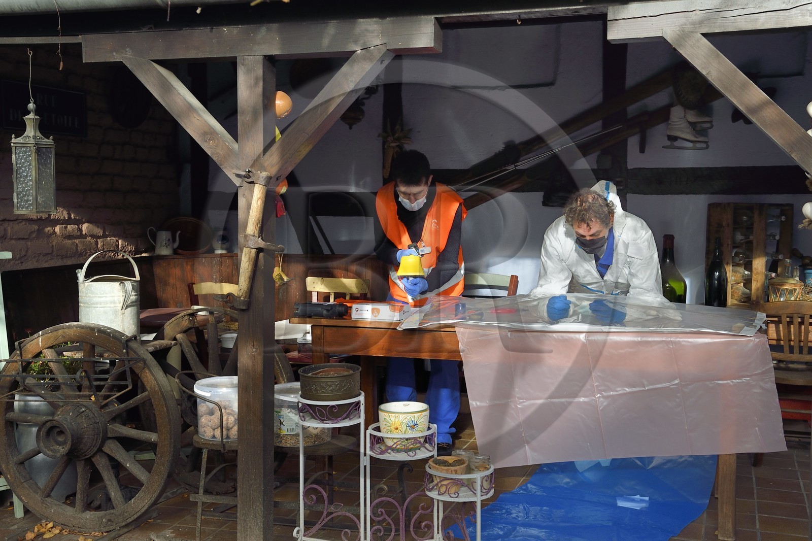 France, Bas-Rhin, Schiltigheim, intervention of two engineers from the National Agency for the Management of Radioactive Waste (Andra) in a private home to remove radioactivity from a rare model of a century-old radium fountain