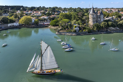 France, Loire-Atlantique (44), Pornic, le voilier Pen Duick quittant le port sous voile, le château en arrière plan (vue aérienne)