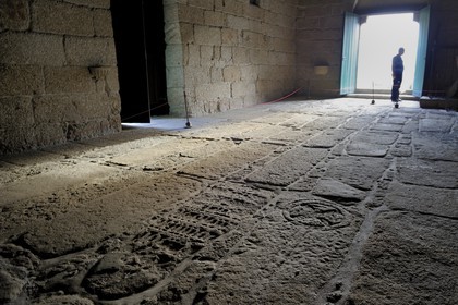 Portugal, Minho region, Guimaraes, town listed as World Heritage by UNESCO, Igreja de Sao Miguel do Castelo ( St Michael of the Castle church), graves of the comrades of the first Portuguese King Afonso Henriques on the ground