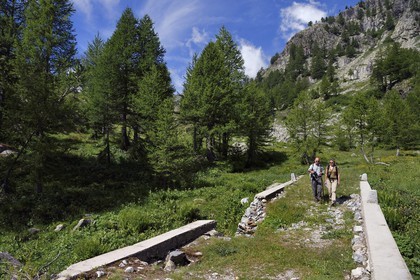 France, Alpes-Maritimes (06), parc national du Mercantour, vallée de la Valmasque, ancienne piste construite par les italiens sous Mussolini, pont qui franchit le torrent de la Valmasque