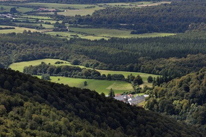 Spain, Basque Country, Navarra, Camino de Santiago (the Way of St. James) going down towards Roncevaux, the Royal Collegiate Church of Roncesvalles