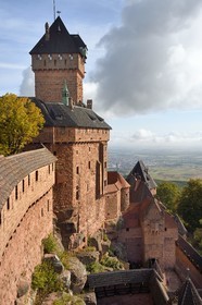 France, Bas Rhin, Orschwiller, Alsace Wine Road, Haut Koenigsbourg Castle and the plain of Alsace in the background