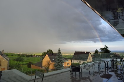 France, Haut-Rhin (68), Route des vins d'Alsace, Voegtlinshoffen, Maison Joseph Cattin, le belvédère du domaine viticole, vue sur le vignoble sous un arc-en ciel après l'orage