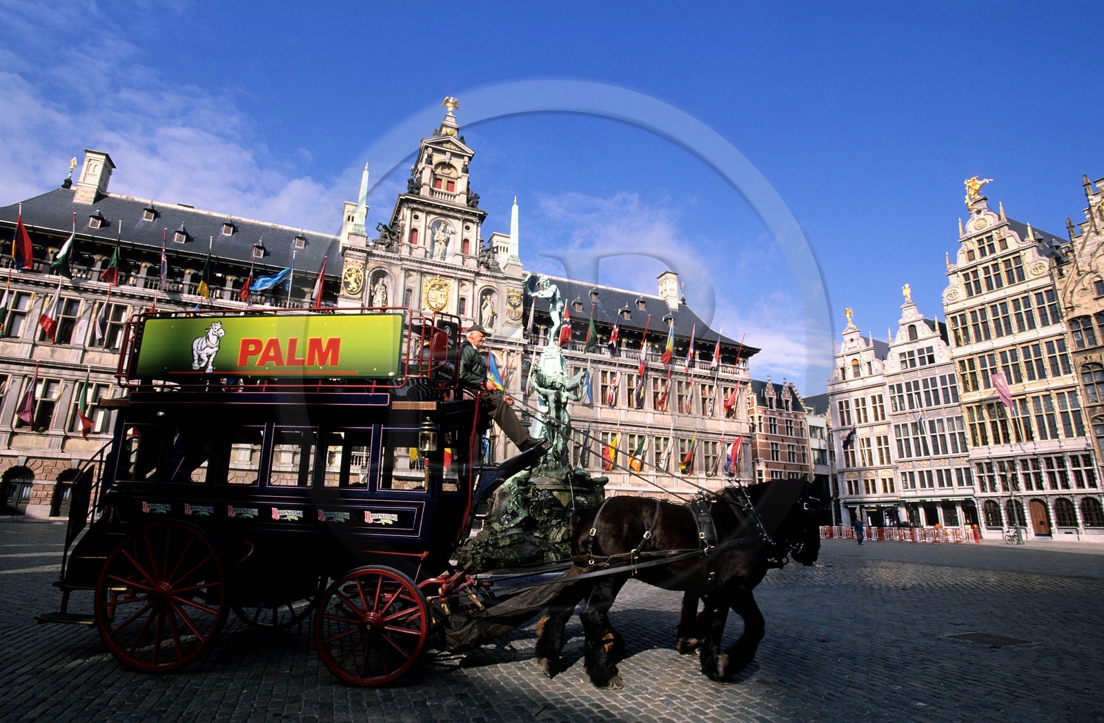 Belgique, Flandre, Anvers (Antwerpen), voiture à attelage devant l' Hôtel de ville et la Bradofontein sur Grote Markt (Grand Place)
