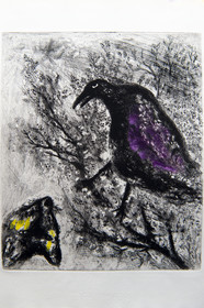 France, Aisne (02), Château-Thierry, Musée Jean de La Fontaine - Ville de Chateau-Thierry, illustrations des Fables de La Fontaine, Le Corbeau et le Renard fable II du livre I, estampes de Marc Chagall, 1927-1930 (gravure sur cuivre), publiées par Tériade en 1952, eau-forte sur papier vélin, rehauts de gouache et d’aquarelle