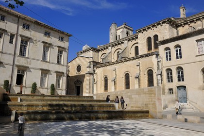 France, Gard, Nimes, Place of Chapter, the monumental staircase fountain and the Cathedral Notre-Dame-et-Saint-Castor