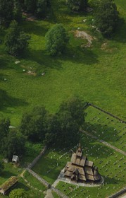 Norway, Sogn Og Fjordane County, Borgund, wooden stave church called stavkirker or stavkirke built in 1130 (aerial view)