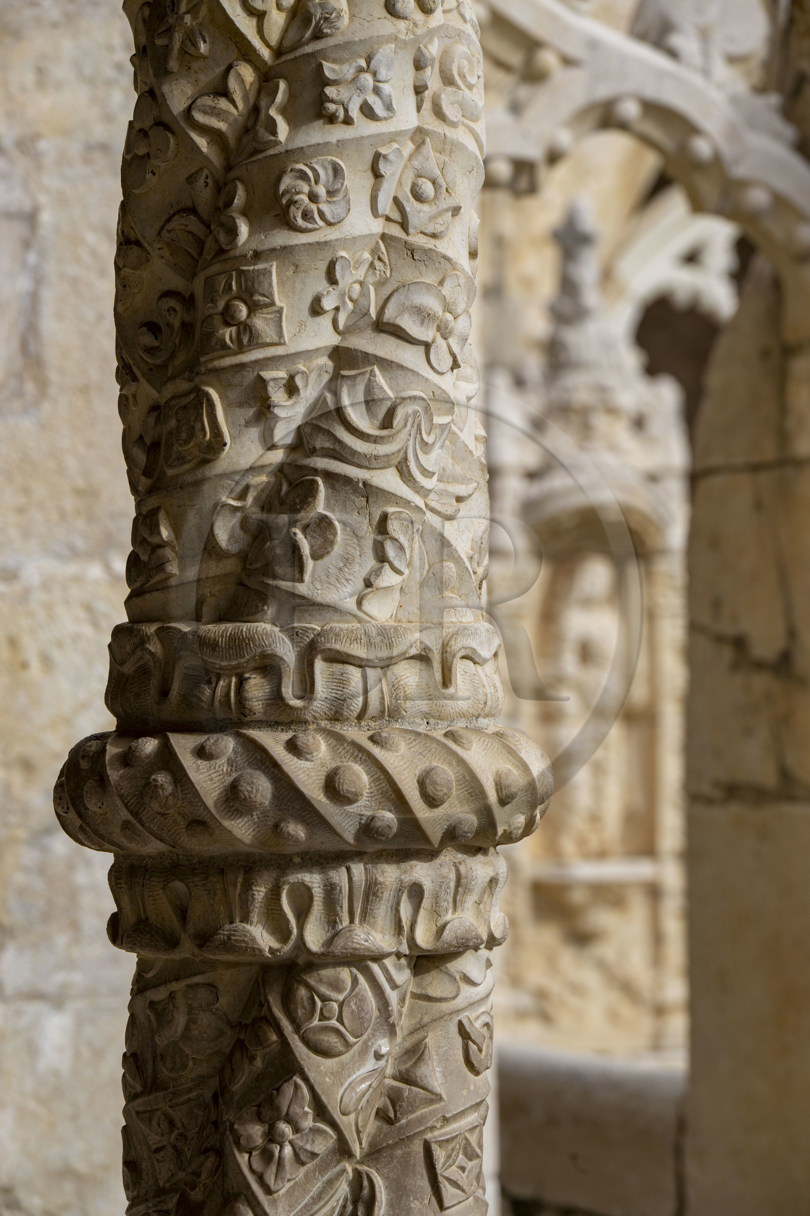 Portugal, Lisbonne, Bélem, Monastere des Hiéronymites (Mosteiro dos Jerónimos), classé Patrimoine Mondial de l'UNESCO, le cloitre, détail d'une colonnette