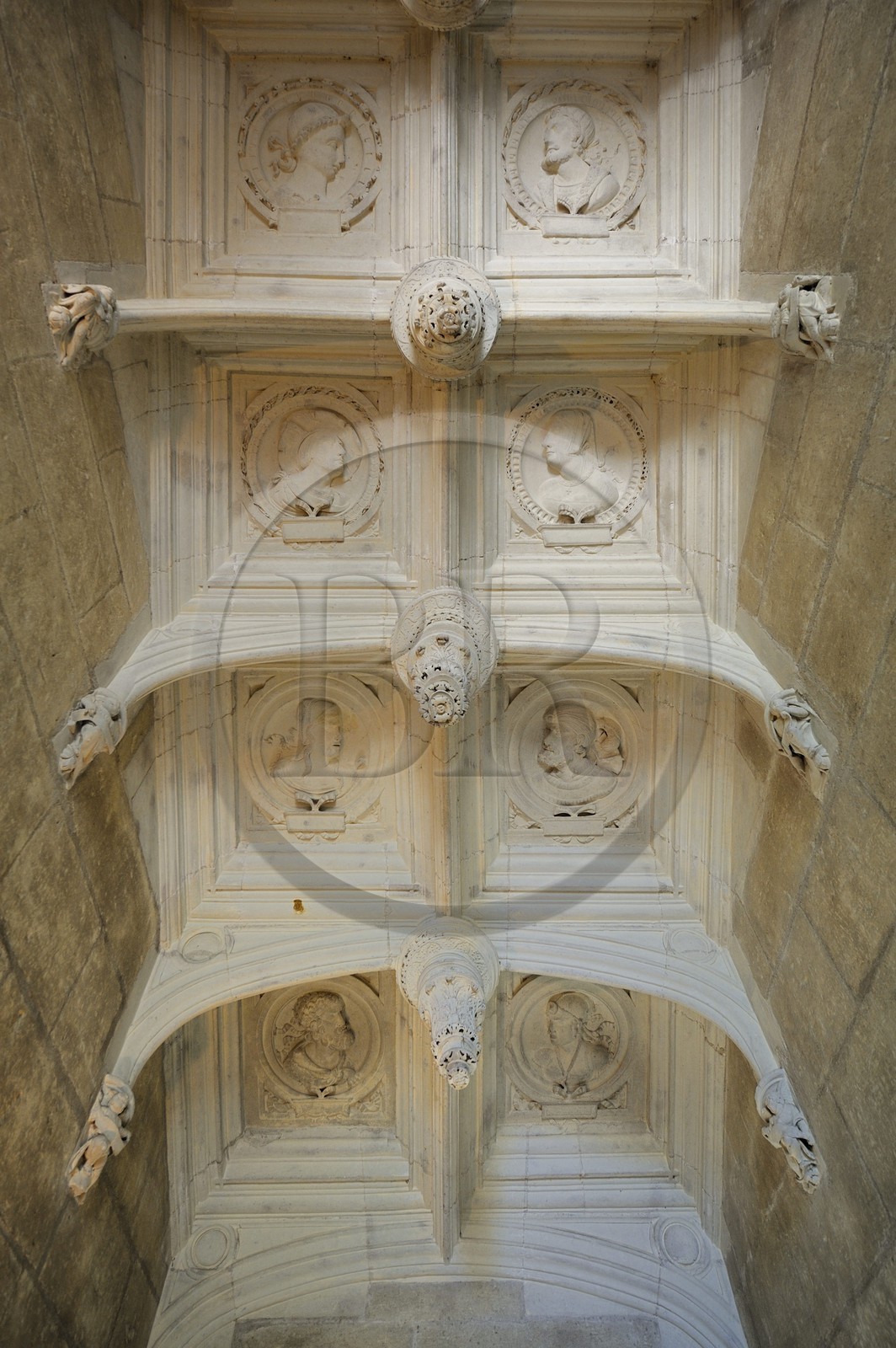 France, Indre-et-Loire (37), Vallée de la Loire classée Patrimoine Mondial de l' UNESCO, château d' Azay-le-Rideau, détail du plafond de l'escalier d'honneur