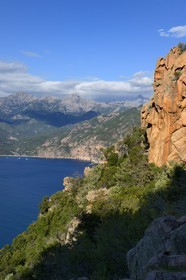 France, Corse du Sud, Golfe de Porto, listed as World Heritage by UNESCO,  the Creeks of Piana (Calanches de Piana) with pink granite rocks and the Bussaglia beach in the background
