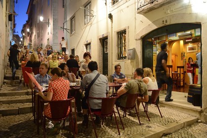 Portugal, Lisbon, Bairro Alto district, restaurant in the pedestrian street travessa dos Fieis de Deus