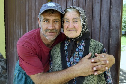 Romania, Transylvania, Sighisoara region, village of Movile, farmer family, the mother Eugenia Dobre and son Stelica Dobre