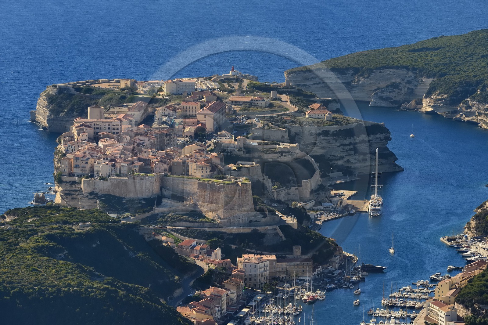 France, Corse-du-Sud (2A), Bonifacio, les falaises calcaires, la vieille ville et l'accès à la citadelle par la montée Saint Roch (vue aérienne)
