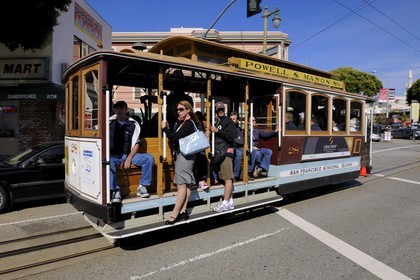 United States, California, San Francisco, cable car at the angle of Columbus Avenue and Lombard Street in the North Beach District