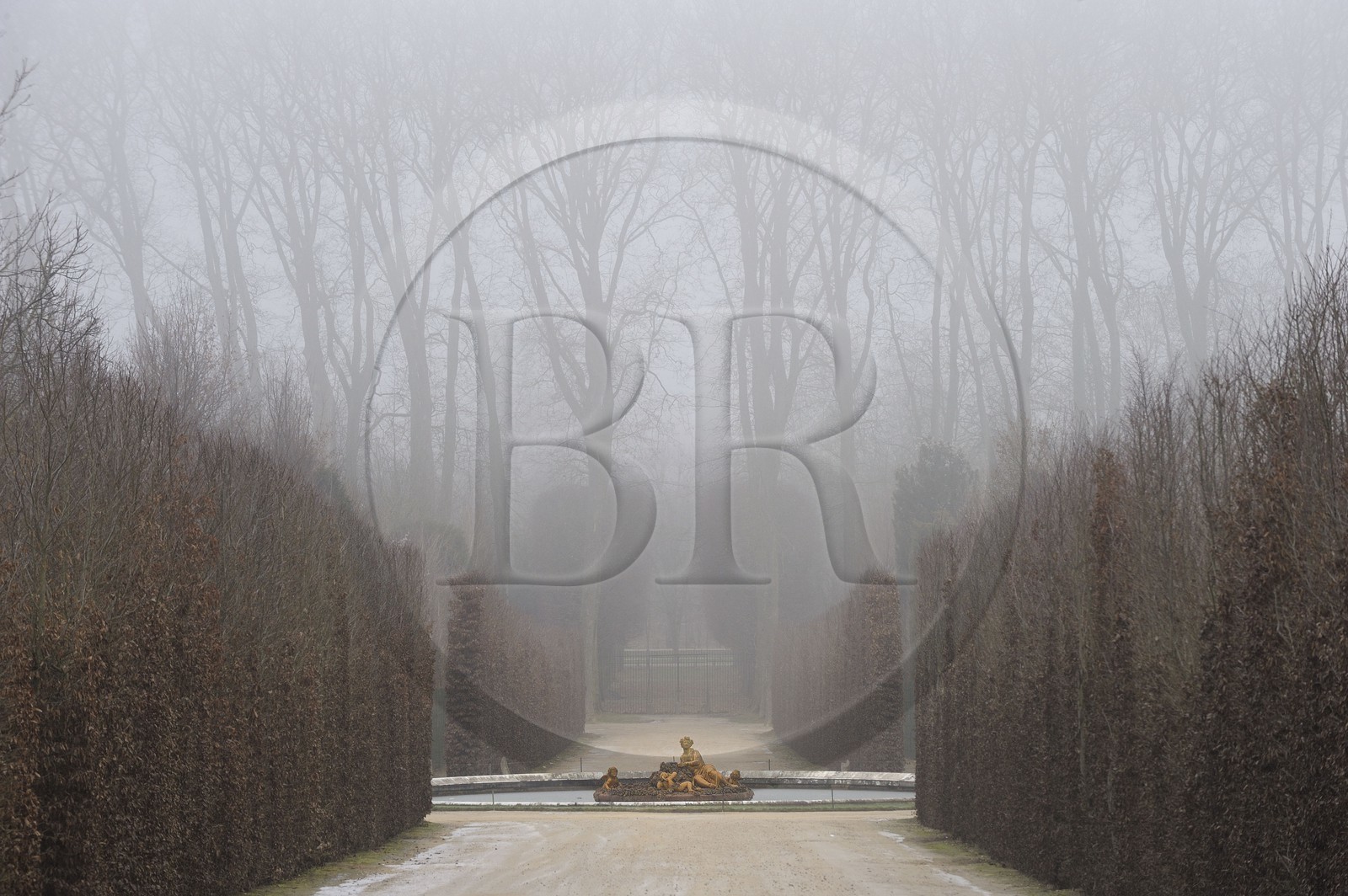 France, Yvelines (78), parc du château de Versailles, classé Patrimoine Mondial de l'UNESCO, bassin de Flore ou du printemps en hiver