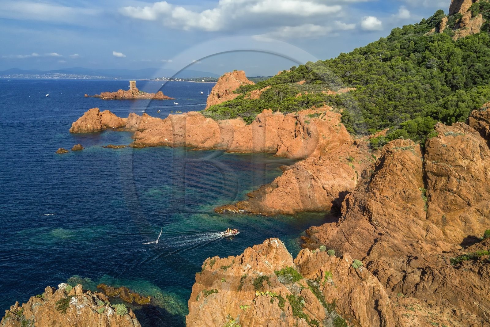 France, Var, Agay area next to Saint-Raphael, Massif de l'Esterel (Esterel Massif), the Corniche d'Or, the ile d'Or island tower next to the Dramont cape (aerial view)