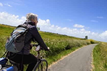 France, Charente-Maritime (17), Rochefort, cyclistes sur la véloroute La Flow Vélo dans les zones inondables de l'estuaire de la Charente
