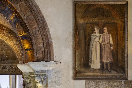 France, Alpes-Maritimes, Mandelieu La Napoule, castle of La Napoule (12th-19th century) largely rebuilt at the start of the 20th century by the American couple Henry and Marie Clews, it now houses the Clews Center for the Arts, painting depicting them in medieval costumes