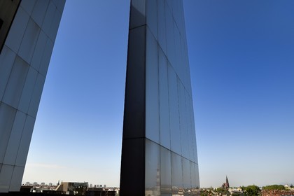 France, Bas Rhin, Strasbourg, European district, the European Parliament, Louise Weiss building, the cathedral in the background