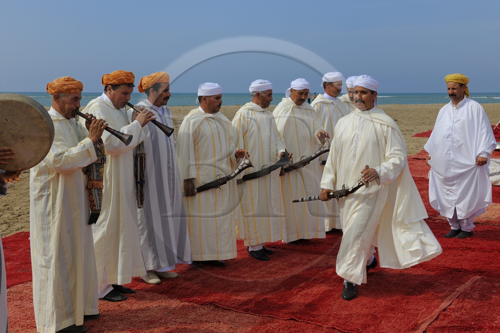 Morocco, Oriental Region, La Reggada traditional dance and music on the beach