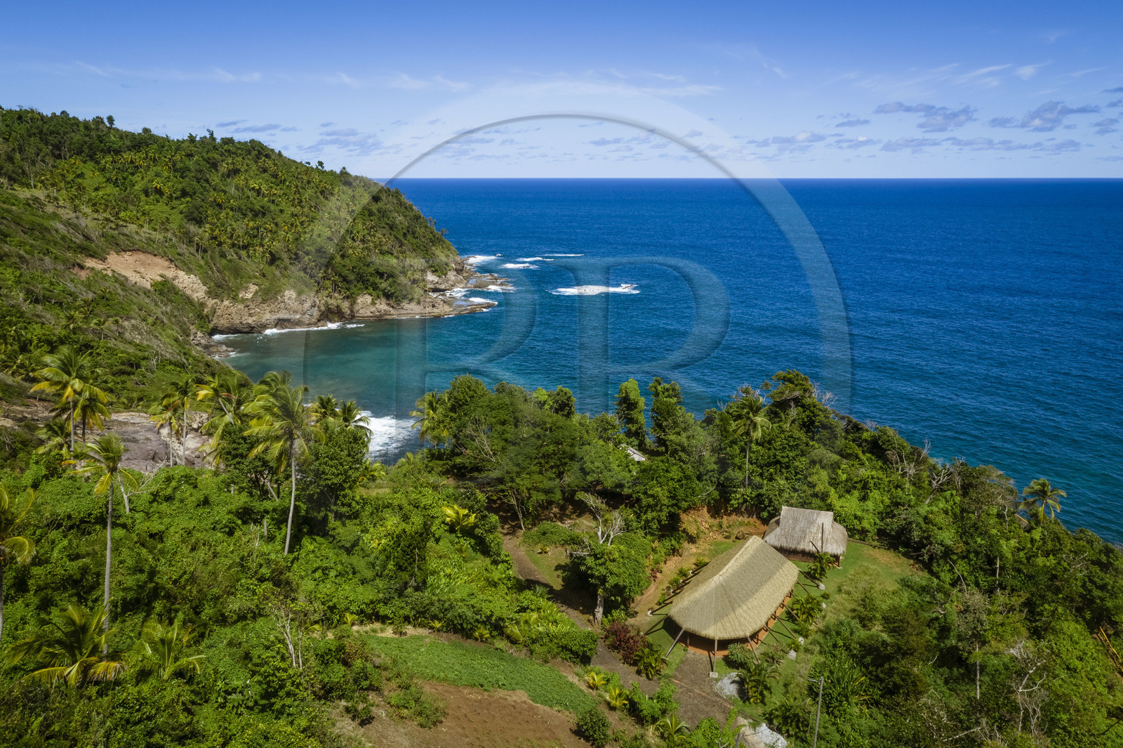Caribbean, Dominica Island, Salybia, Kalinago Territory, Kalinago Barana Autê (the Caribbean village by the sea), large village of the Kalinagos Indians intended for the development and sharing of their traditional activities (aerial view)