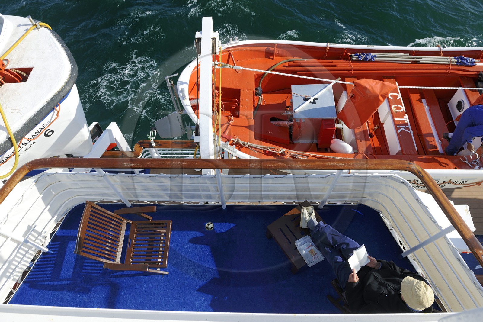 Iceland, Reykjavik, cruise ship Princess Danae leaving the bay, terrace of luxury cabins