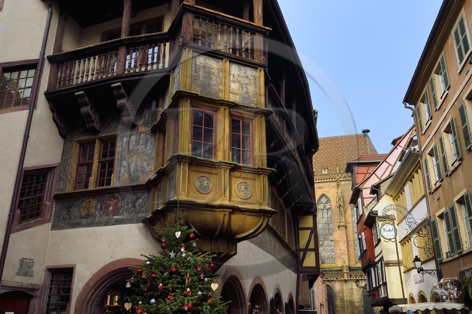 France, Haut Rhin, Colmar, Maison Pfister with Renaissance style (1537) in Rue des Marchands at Christmas and its oriel