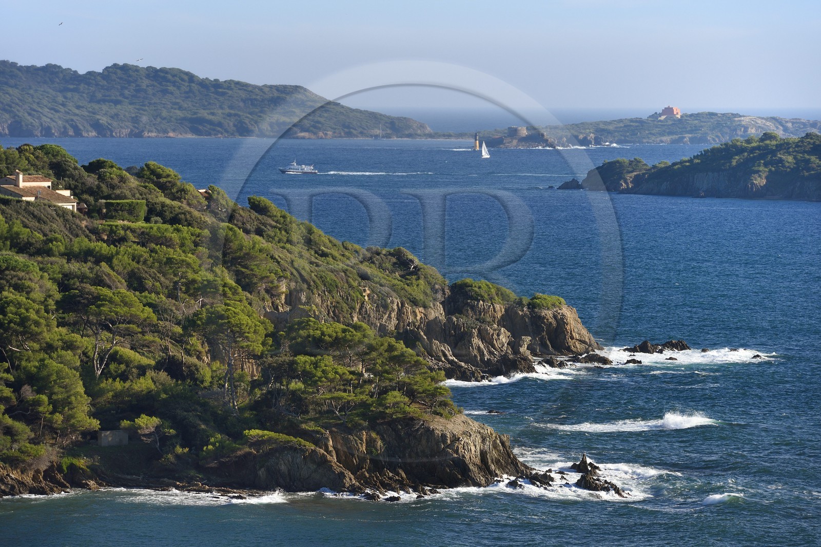 France, Var, Hyeres, Giens peninsula, the Pointe de la Vignette in the Niel bay and the Porquerolles Island in the background